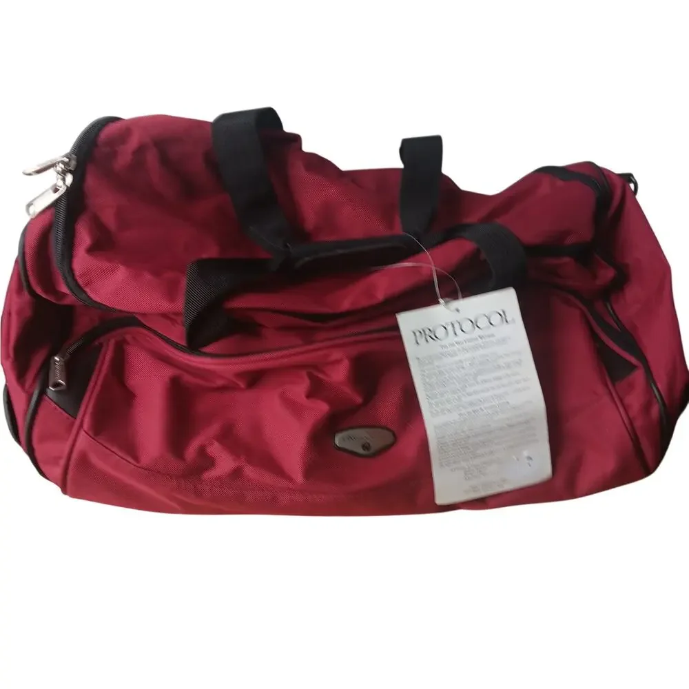 NWT Protocol Red Canvas Duffle Bag 2-Wheels Telescope Handle Removable Strap